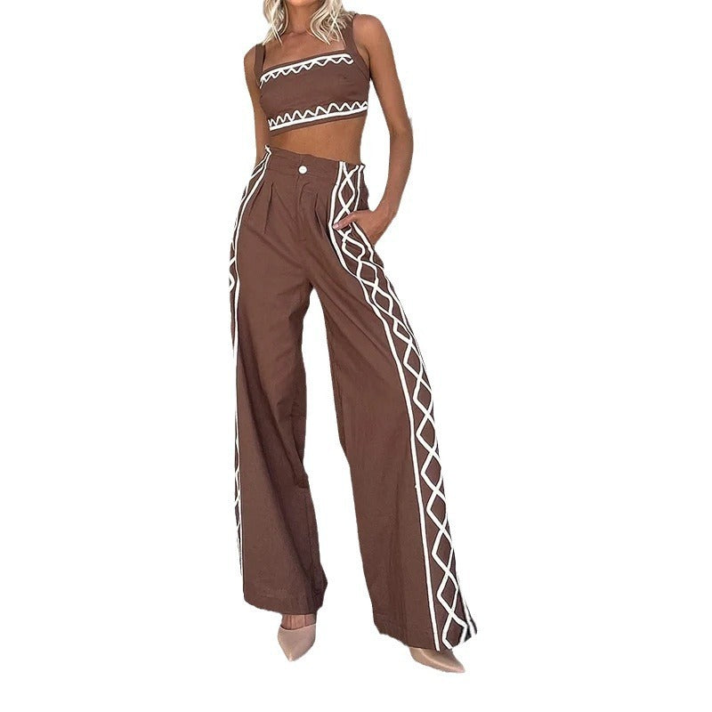 Women's Earth Goddess Two-Piece Set - Sacred Geometry Crop Top & Wide-Leg Trouser Ensembl