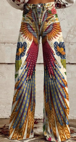 ZenWings Sacred Phoenix Transformation Wide-Leg Trousers - Mythical Rebirth Digital Art Pants