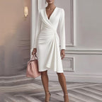 Solid Color Slim-fit Long Sleeve V-pleated Design Dress