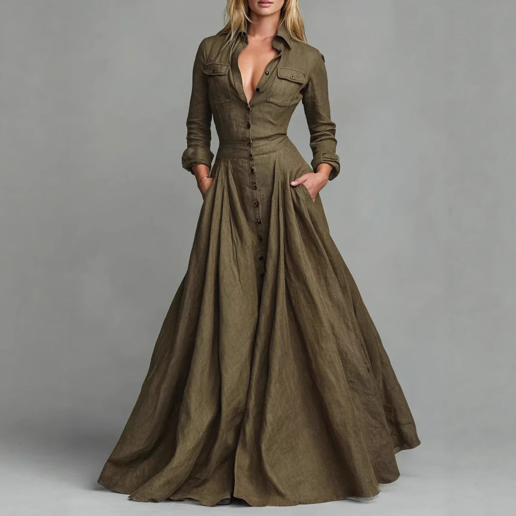 Solid Color Button-down Collar Long Sleeve Dress