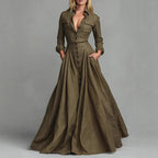 Solid Color Button-down Collar Long Sleeve Dress