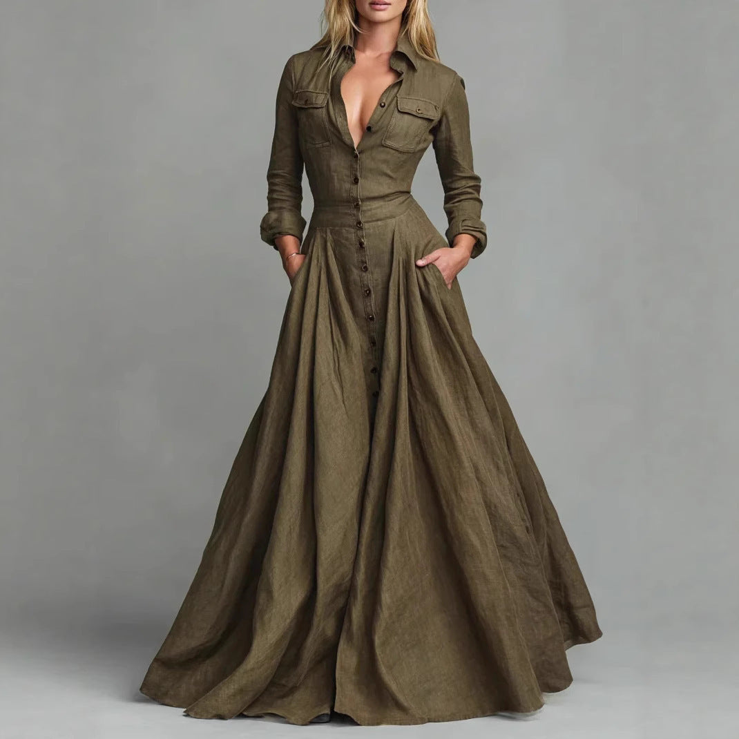 Solid Color Button-down Collar Long Sleeve Dress