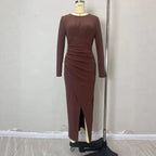 Solid Color High-slit Pleated Design Knit Long-sleeve Bodycon Dress