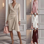 Solid Color Slim-fit Long Sleeve V-pleated Design Dress