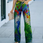 ZenFlow Peacock Dreams Wide-Leg Jeans - Sacred Nature Art Transformation Trouser