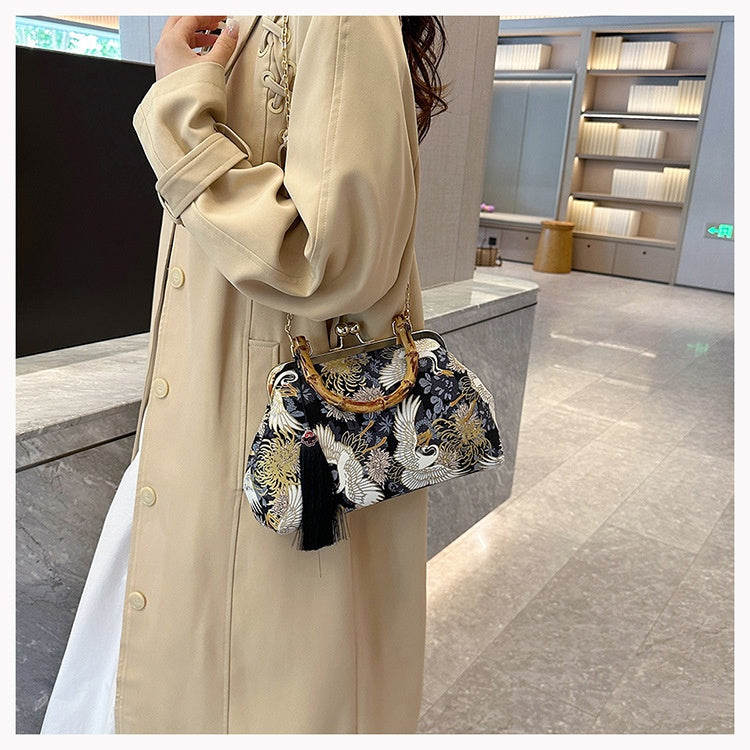 ZenFlow Mystic Crane Clutch Bag - Sacred Journey Embroidered Handbag