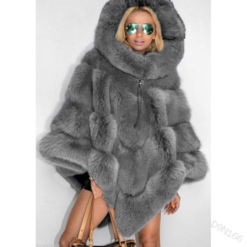 Elegant Hooded Faux Fur Patchwork Loose Coat