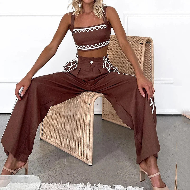 Women's Earth Goddess Two-Piece Set - Sacred Geometry Crop Top & Wide-Leg Trouser Ensembl