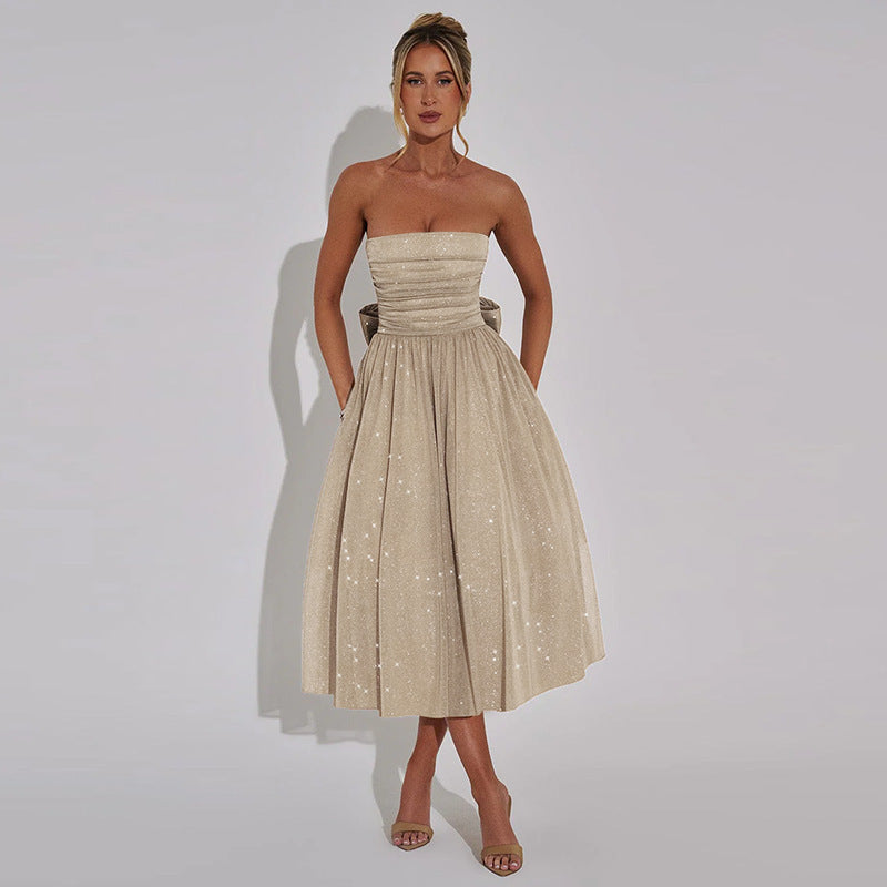 Καλοκαιρινό κομψό γλυκό και πικάντικο μονόχρωμο φόρεμα με τοπ και έξω ώμους