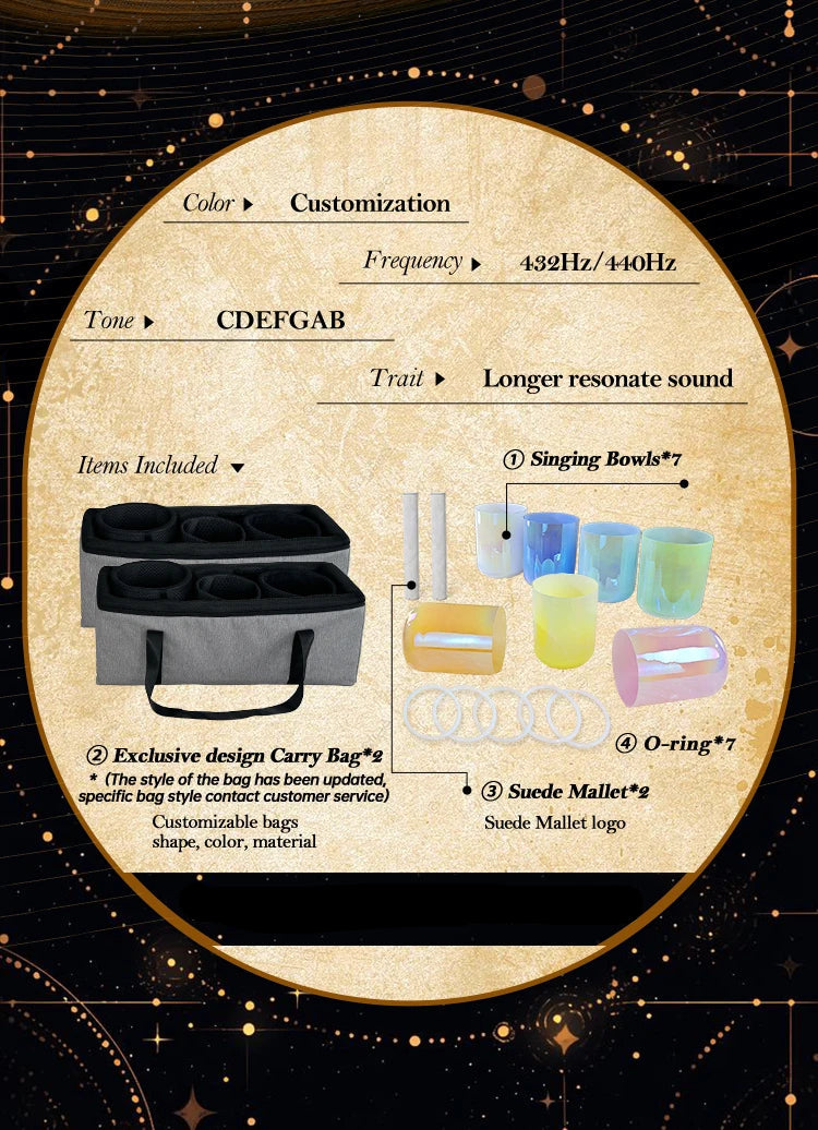 CrystalSoul 432Hz 7-8.5inch Alchemy Clear Quartz Crystal Singing Bowls Set of 7pcs for Sound Healing with bag and accessories