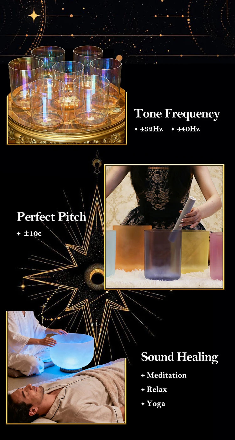 CrystalSoul 432Hz 7-8.5inch Alchemy Clear Quartz Crystal Singing Bowls Set of 7pcs for Sound Healing with bag and accessories