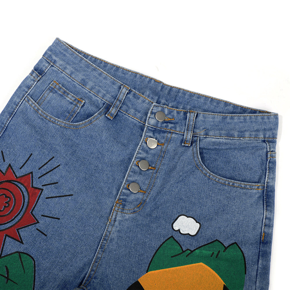 ZenFlow Cosmic Playground Wide-Leg Jeans - Sacred Cartoon Transformation Denim