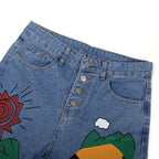 ZenFlow Cosmic Playground Wide-Leg Jeans - Sacred Cartoon Transformation Denim