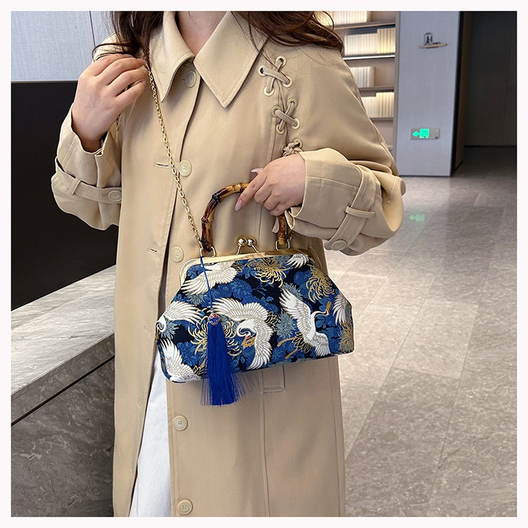 ZenFlow Mystic Crane Clutch Bag - Sacred Journey Embroidered Handbag