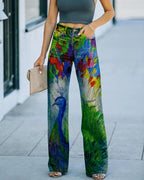 ZenFlow Peacock Dreams Wide-Leg Jeans - Sacred Nature Art Transformation Trouser