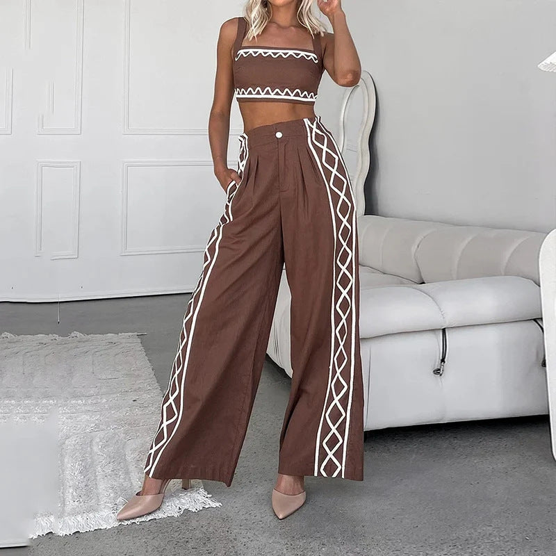 Women's Earth Goddess Two-Piece Set - Sacred Geometry Crop Top & Wide-Leg Trouser Ensembl