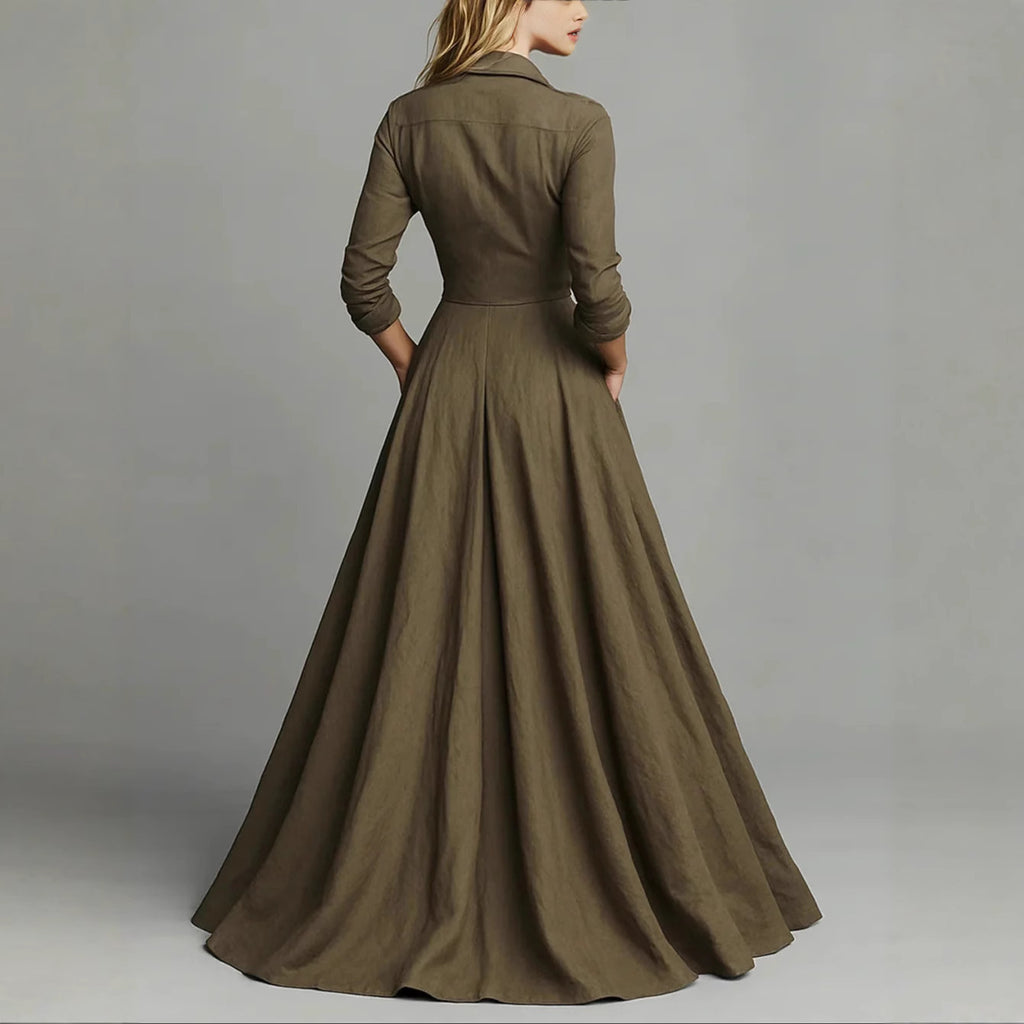 Solid Color Button-down Collar Long Sleeve Dress