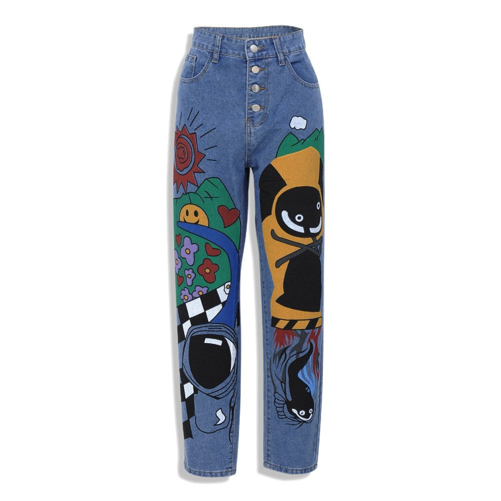 ZenFlow Cosmic Playground Wide-Leg Jeans - Sacred Cartoon Transformation Denim