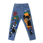 ZenFlow Cosmic Playground Wide-Leg Jeans - Sacred Cartoon Transformation Denim