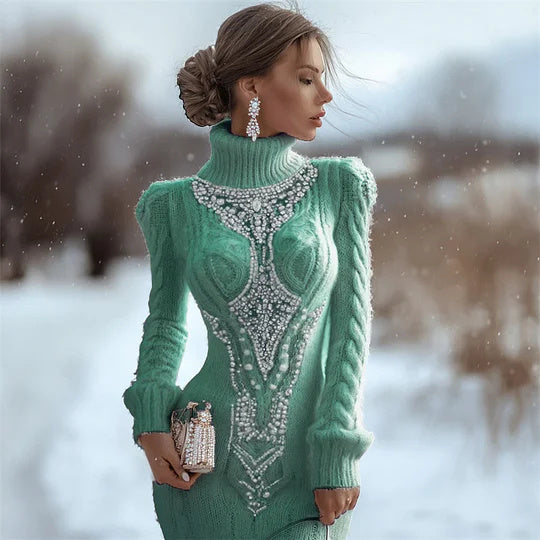 Printed Women's Slim-fit High-neck Bodycon Dress Sweater