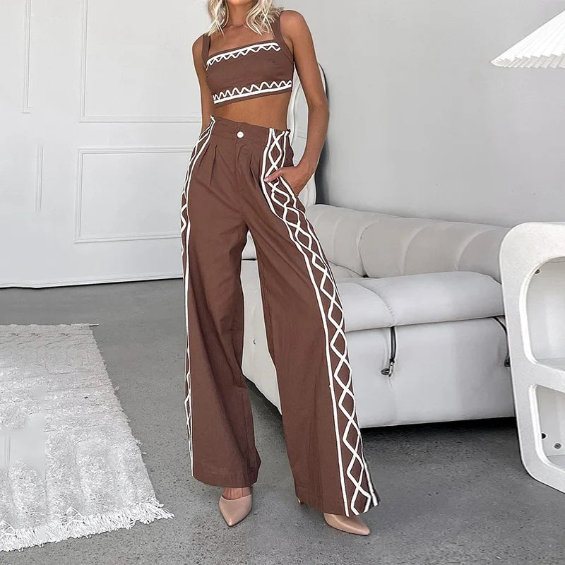 Women's Earth Goddess Two-Piece Set - Sacred Geometry Crop Top & Wide-Leg Trouser Ensembl