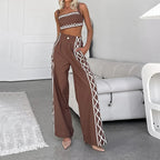 Women's Earth Goddess Two-Piece Set - Sacred Geometry Crop Top & Wide-Leg Trouser Ensembl