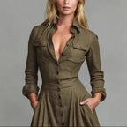 Solid Color Button-down Collar Long Sleeve Dress