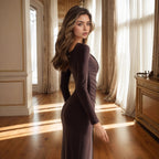 Solid Color High-slit Pleated Design Knit Long-sleeve Bodycon Dress