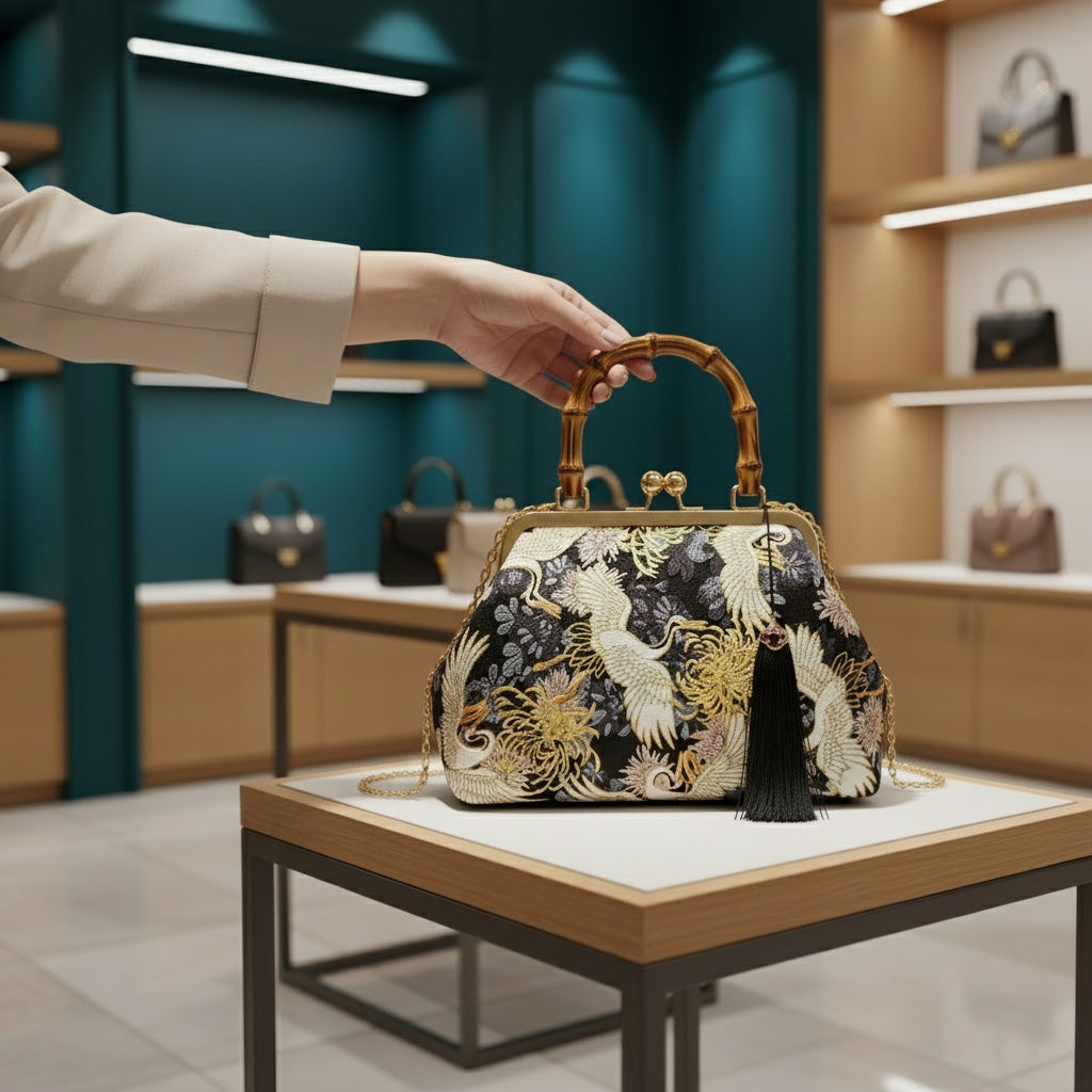 ZenFlow Mystic Crane Clutch Bag - Sacred Journey Embroidered Handbag