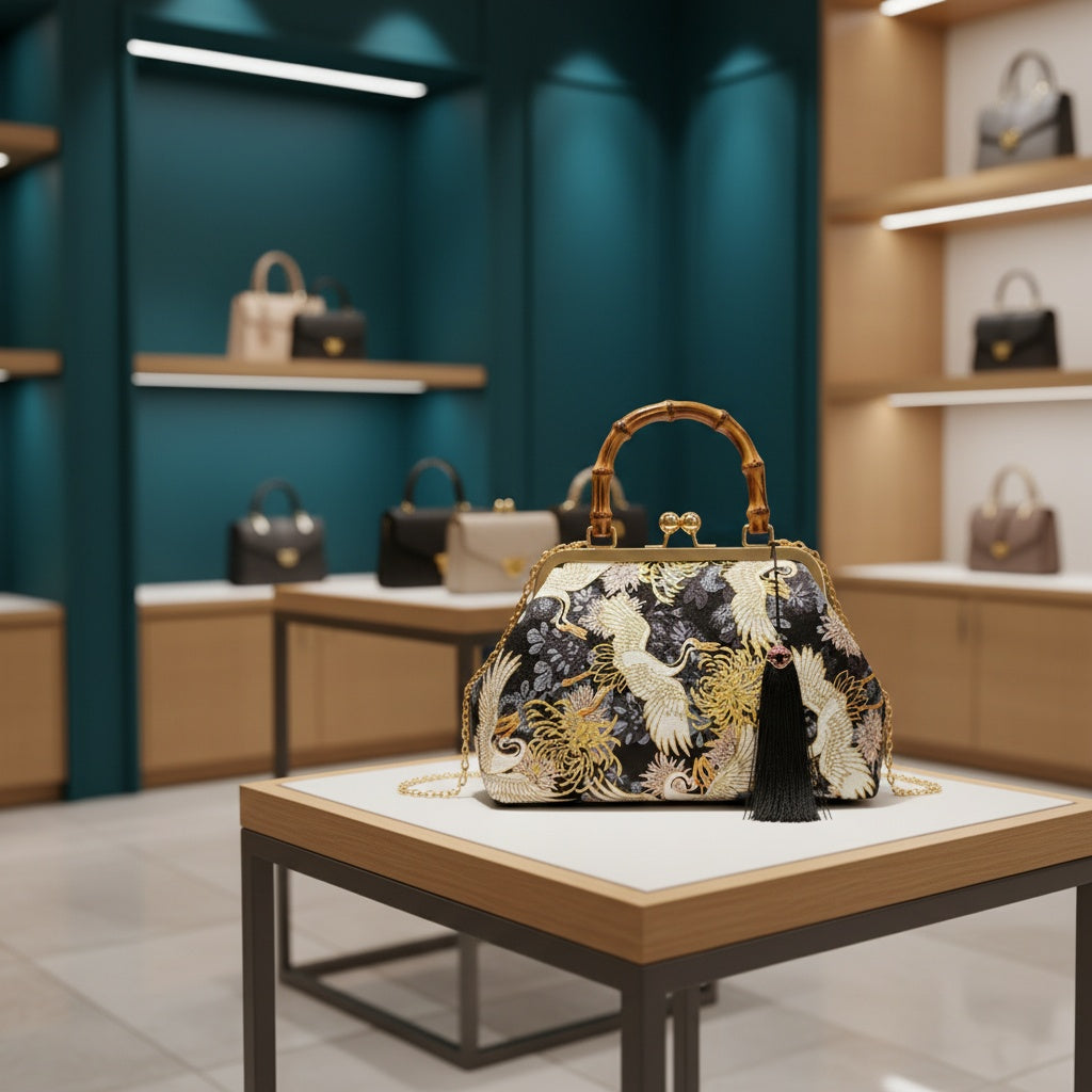 ZenFlow Mystic Crane Clutch Bag - Sacred Journey Embroidered Handbag