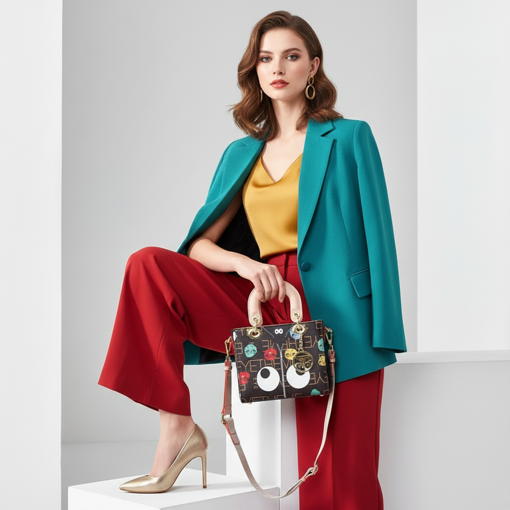 Zenflow Eye Theme Dai Fei Women's Printed Shaped Bag with Silk Ribbon