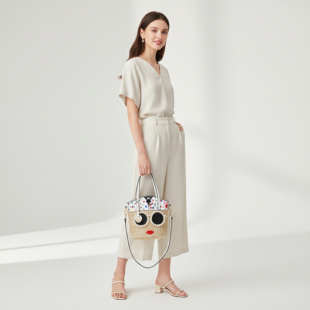 Zenflow Eye Theme Trendy and Personalized Straw Woven Rhinestone Handbag