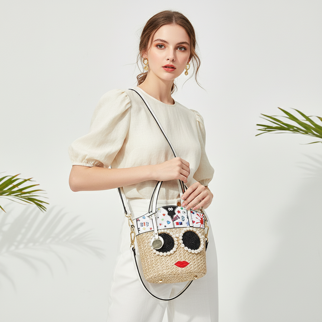 Zenflow Eye Theme Trendy and Personalized Straw Woven Rhinestone Handbag
