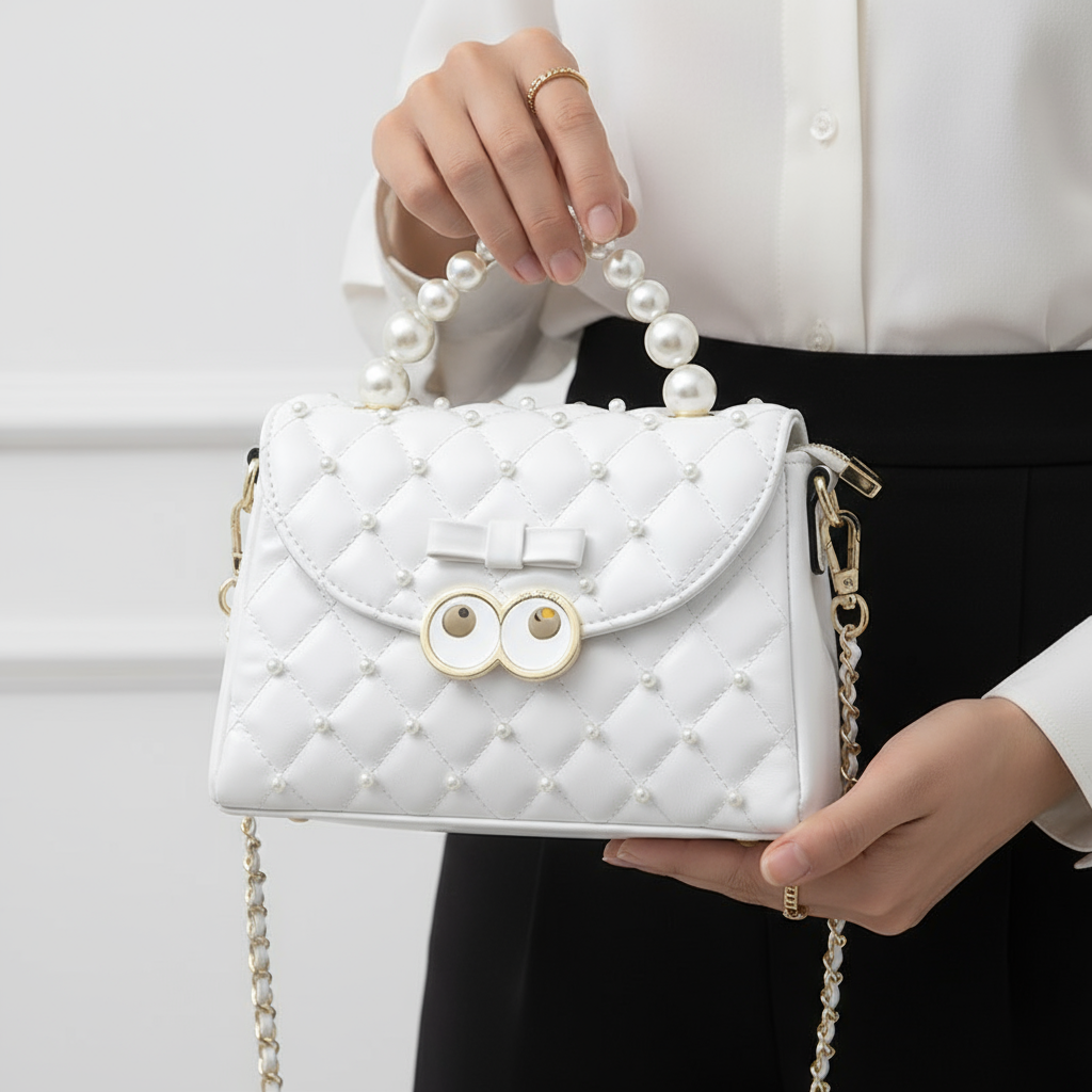 Zenflow Eye Theme Solid Color Embroidered Pearl Handbag