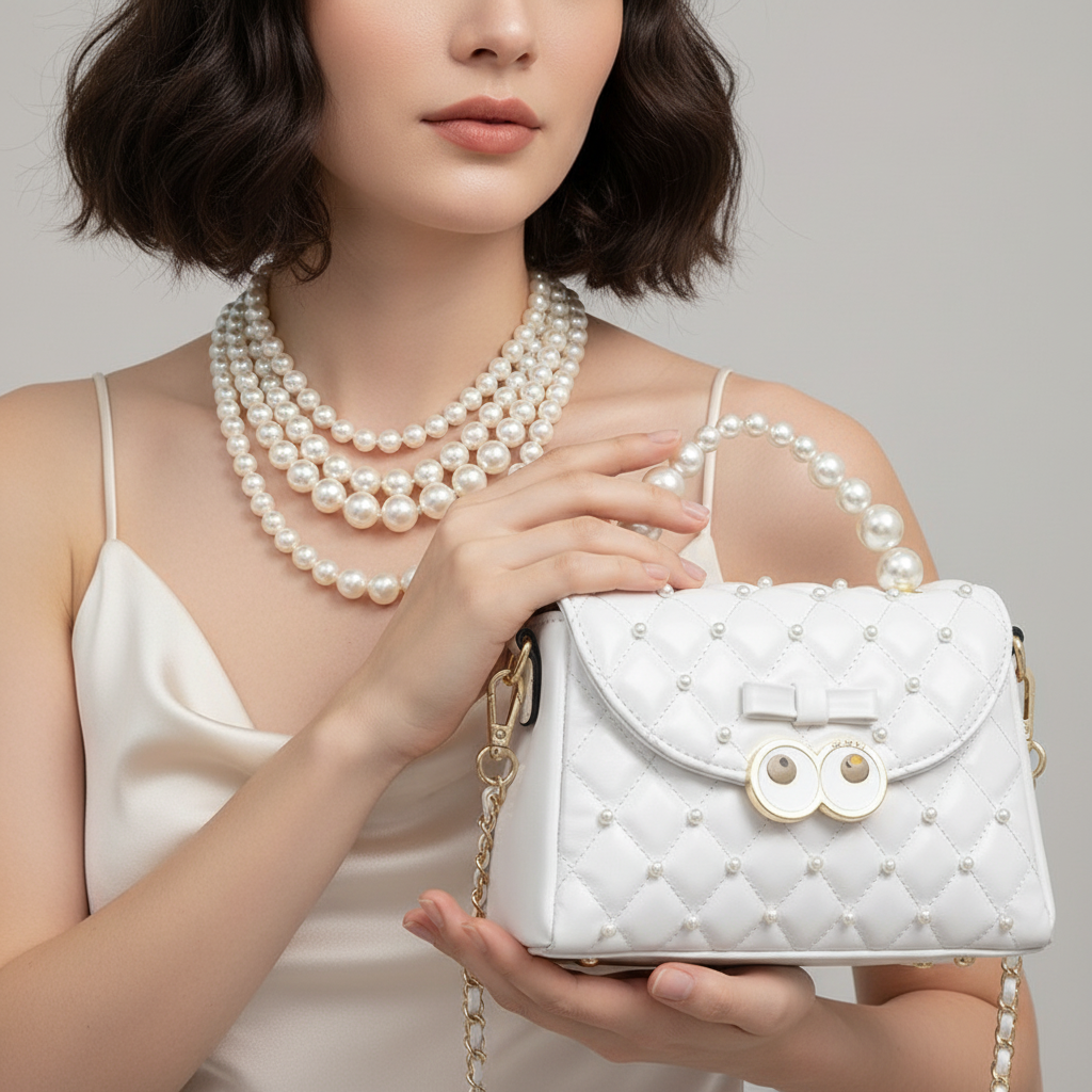 Zenflow Eye Theme Solid Color Embroidered Pearl Handbag