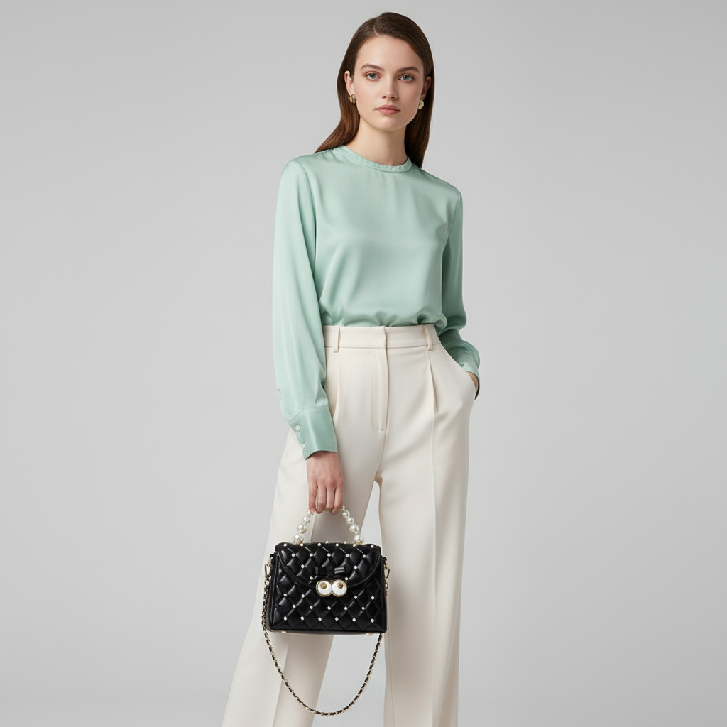 Zenflow Eye Theme Solid Color Embroidered Pearl Handbag