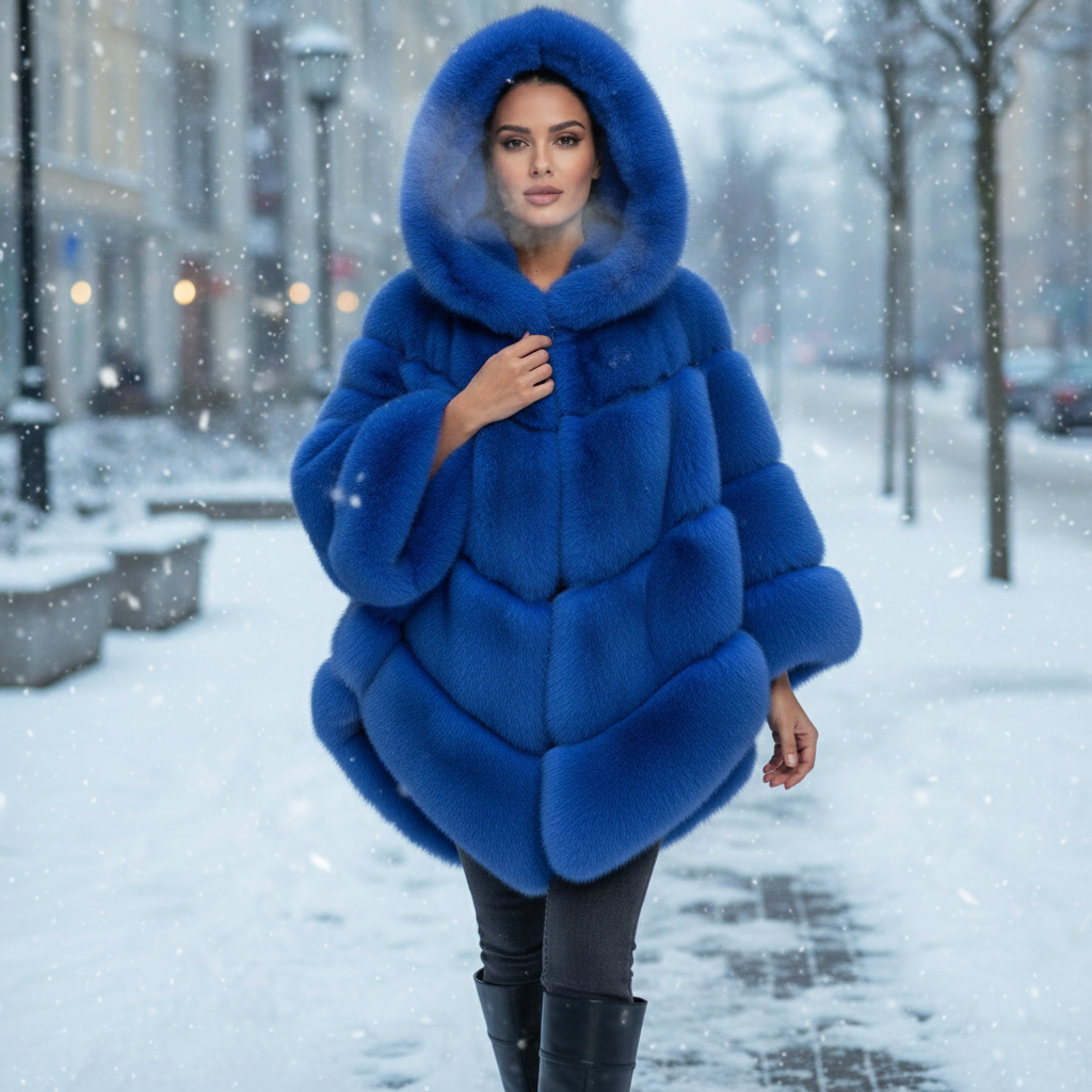 Elegant Hooded Faux Fur Patchwork Loose Coat