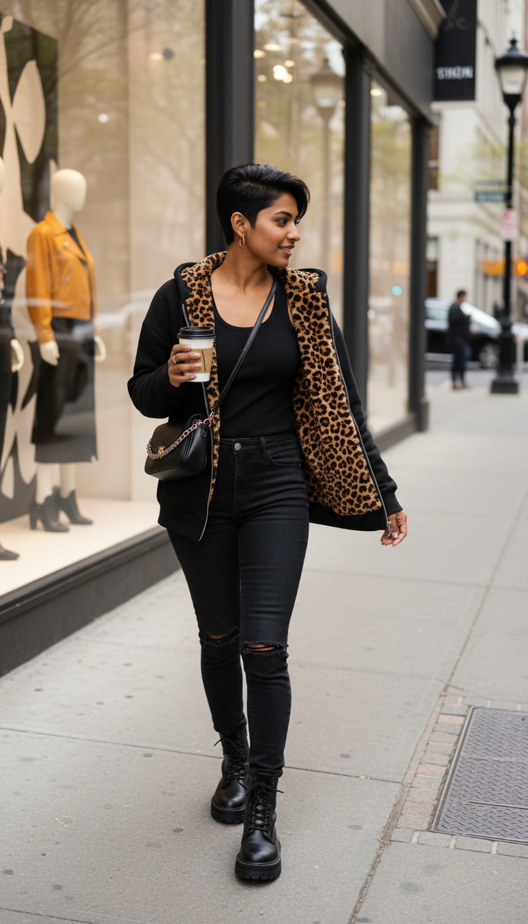 Hooded Leopard Lined Zip-Up Outerwear